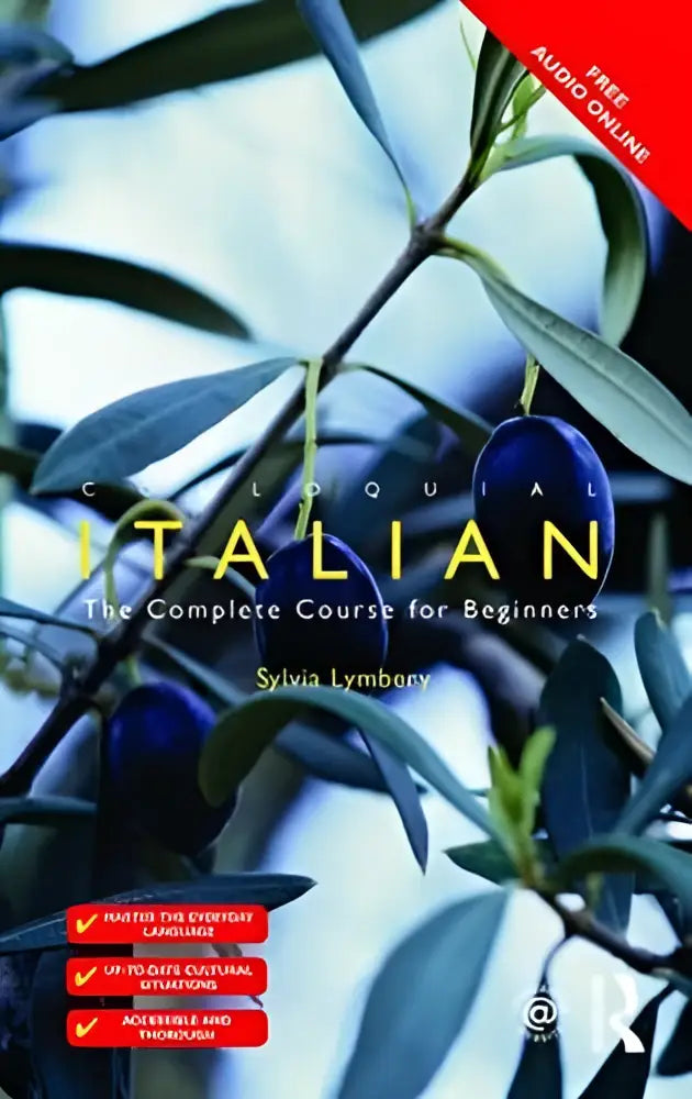 De boekcover van colloquial italian het complete course for beginners toont donkere blauwe olijven op groene takken