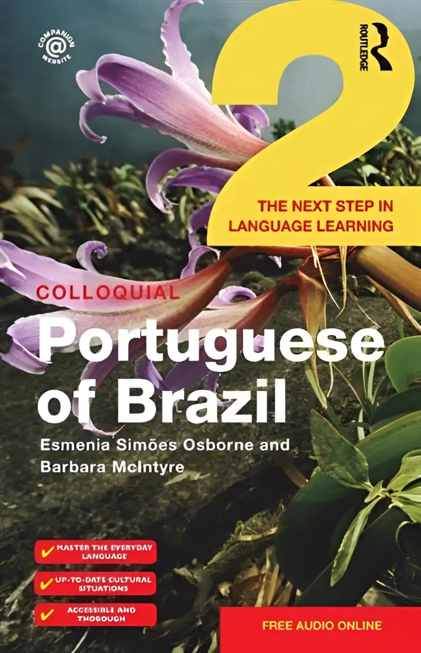 De omslag van het taalleerboek colloquial portuguese of brazil 2 met een paars bloemmotief en gele en witte tekst