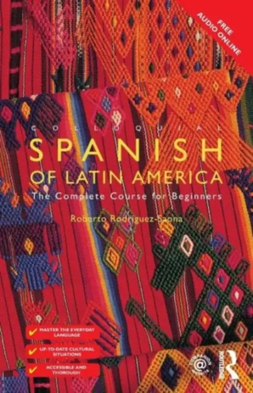 Vibrante rood-oranje-blauwe geweven stof omslag van de complete course van colloquial spanish of latin america voor beginners