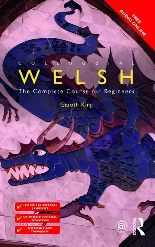 De omslag van colloquial welsh het complete course voor beginners toont een gestileerde blauwe en paarse draak tegen een roze mozaïekachtergrond
