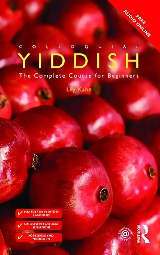 De cover van het boek colloquial yiddish toont een rode achtergrond met glanzende granaatappels en de titel van lily kahn