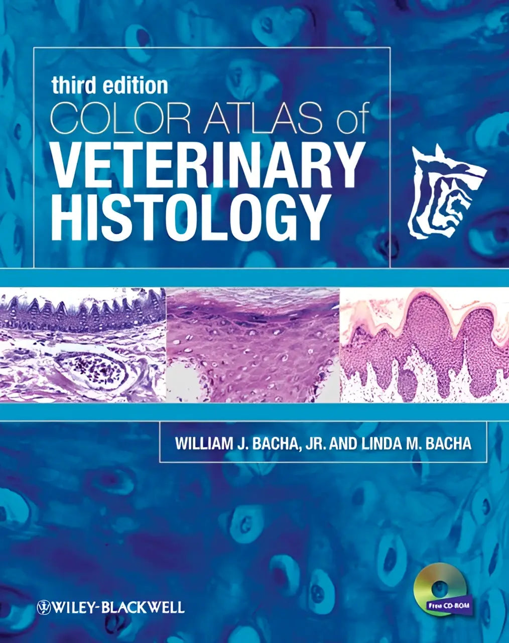 Derde editie kleuratlas van veterinaire histologie blauw omslagboek met microscopische weefselbeelden en witte tekst helpt studenten met het interpreteren van histologische afbeeldingen