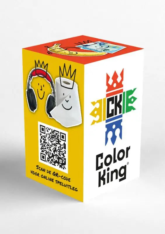 Bright yellow and white cardboard box with color king logo and cartoon headphones and toilet paper crowns by jeroen bakker goud uitgeverij
