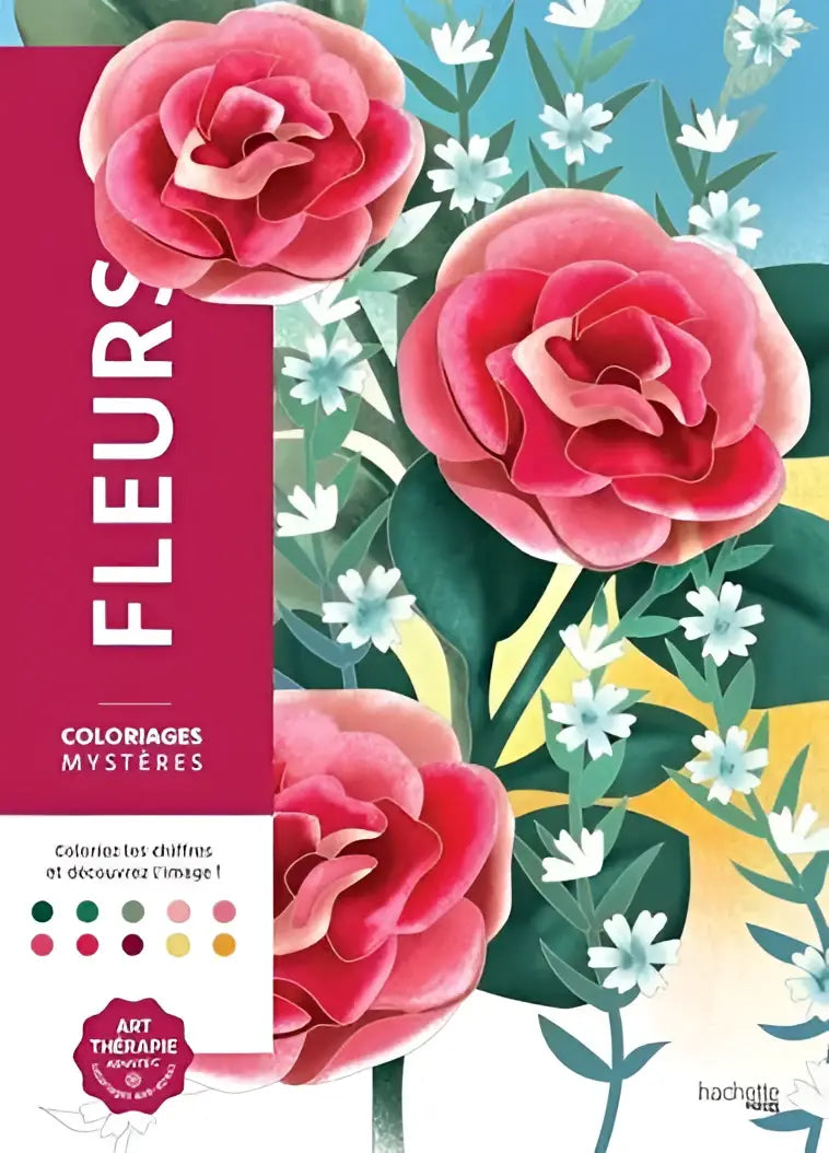 Een levendige roze roos illustratie met gelaagde bloemblaadjes en groene bladeren op de cover van Coloriages Mystères Fleurs kleur op nummer bloemen