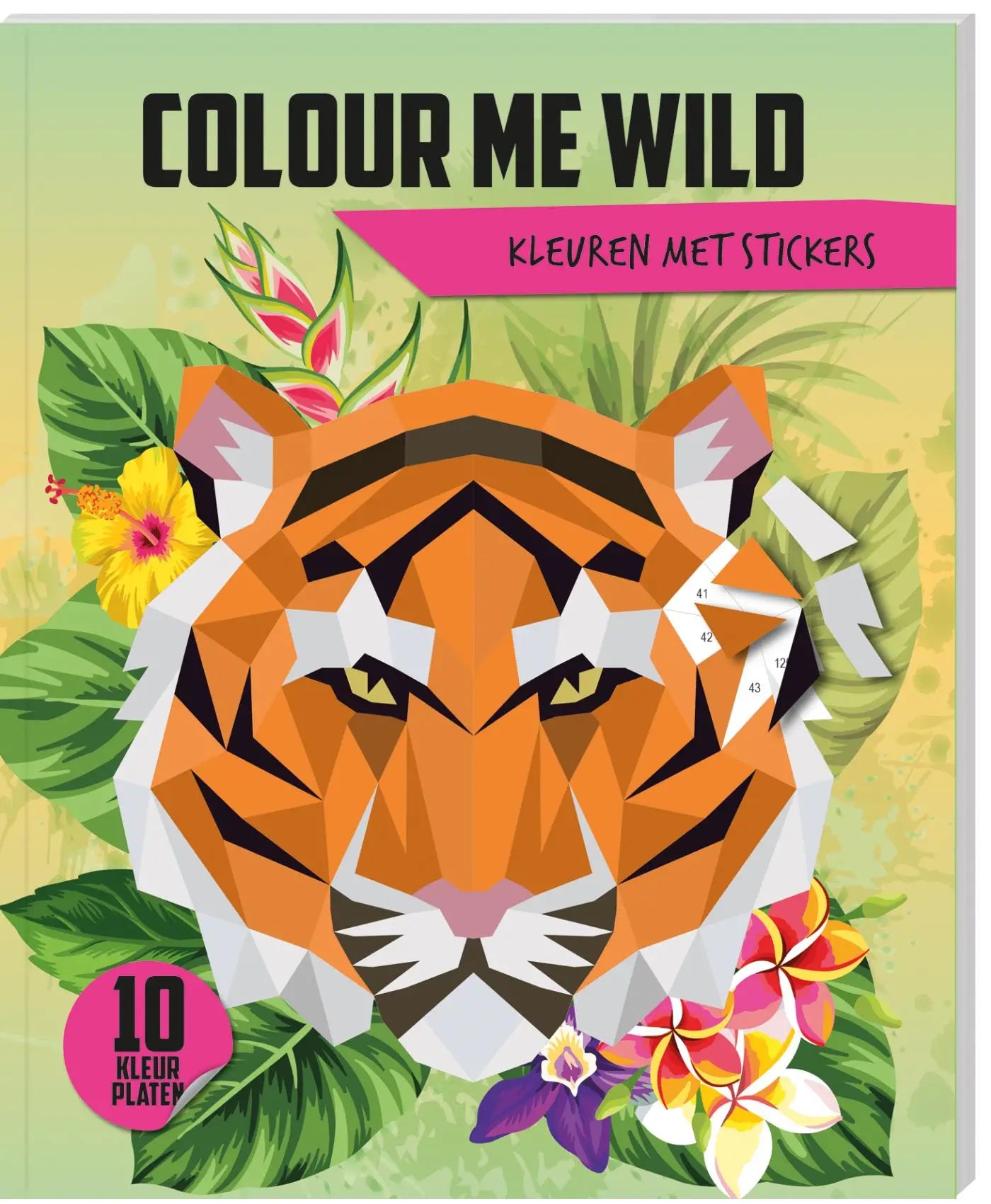 Kleurboek met stickers colour me wild met een levendige oranje-witte geometrische tijgerschedel en tropische bloemen