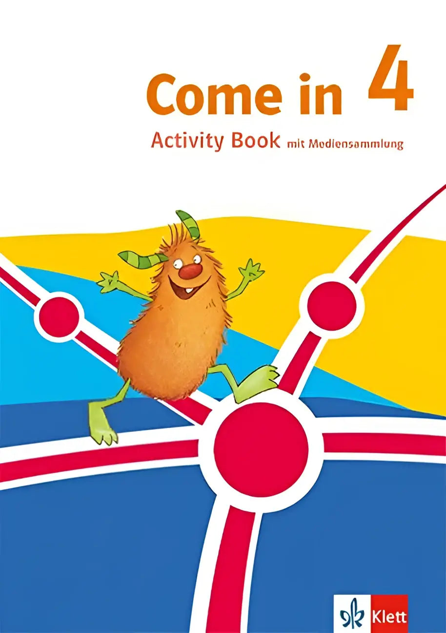Cover van activity book mit mediensammlung klasse 4 met oranje figuur en kleurrijke achtergrond voor nordrhein-westfalen