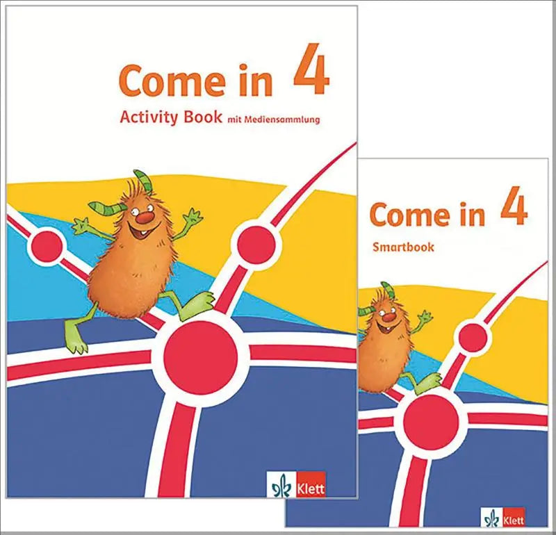 De come in 4 activiteitboek en smartbook klasse 4 ausgabe für nordrhein-westfalen toont een vrolijk oranje monster op kleurrijke achtergronden