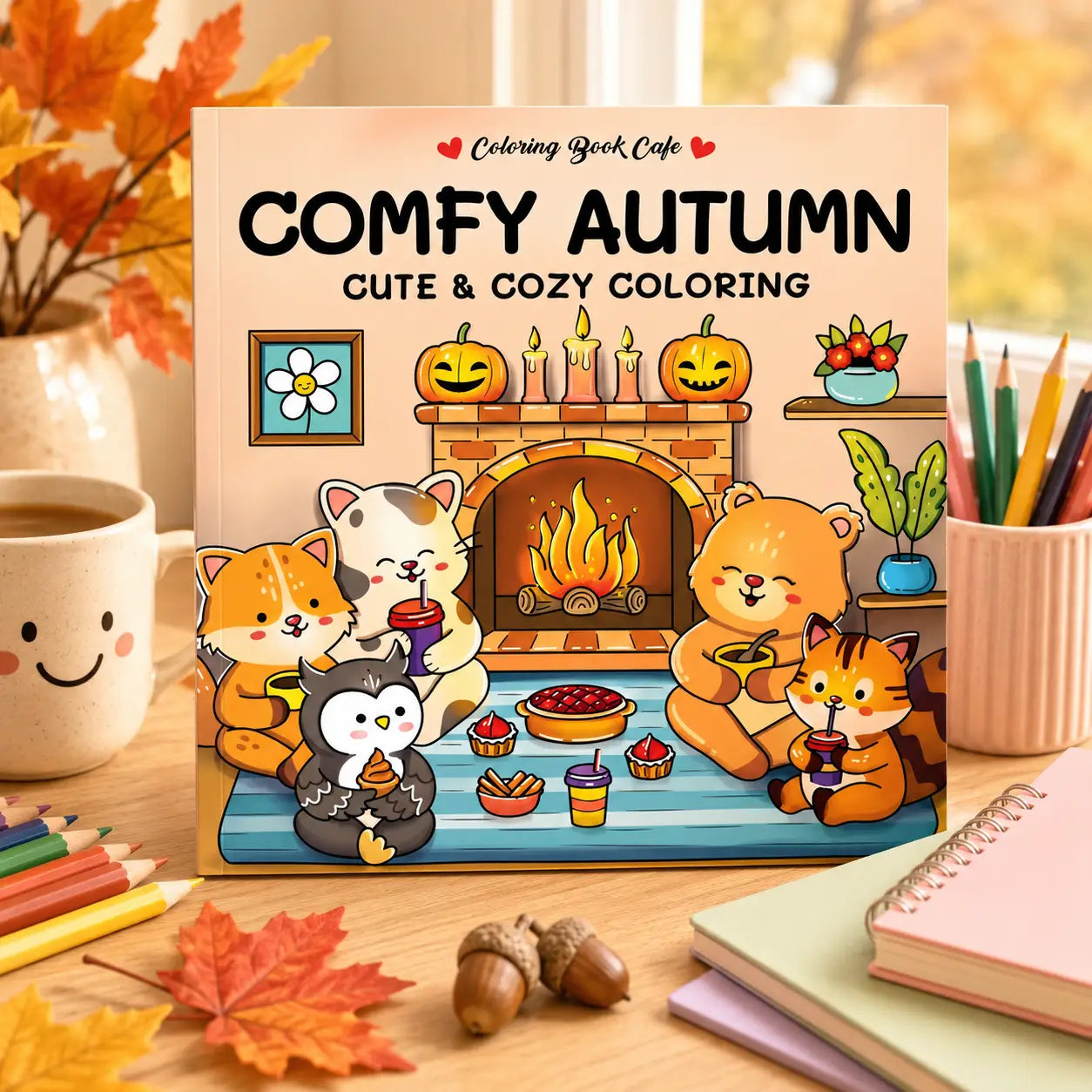 Comfy autumn kleurboek met kawaii dieren rond de open haard en herfstillustraties voor een cozy colouring book