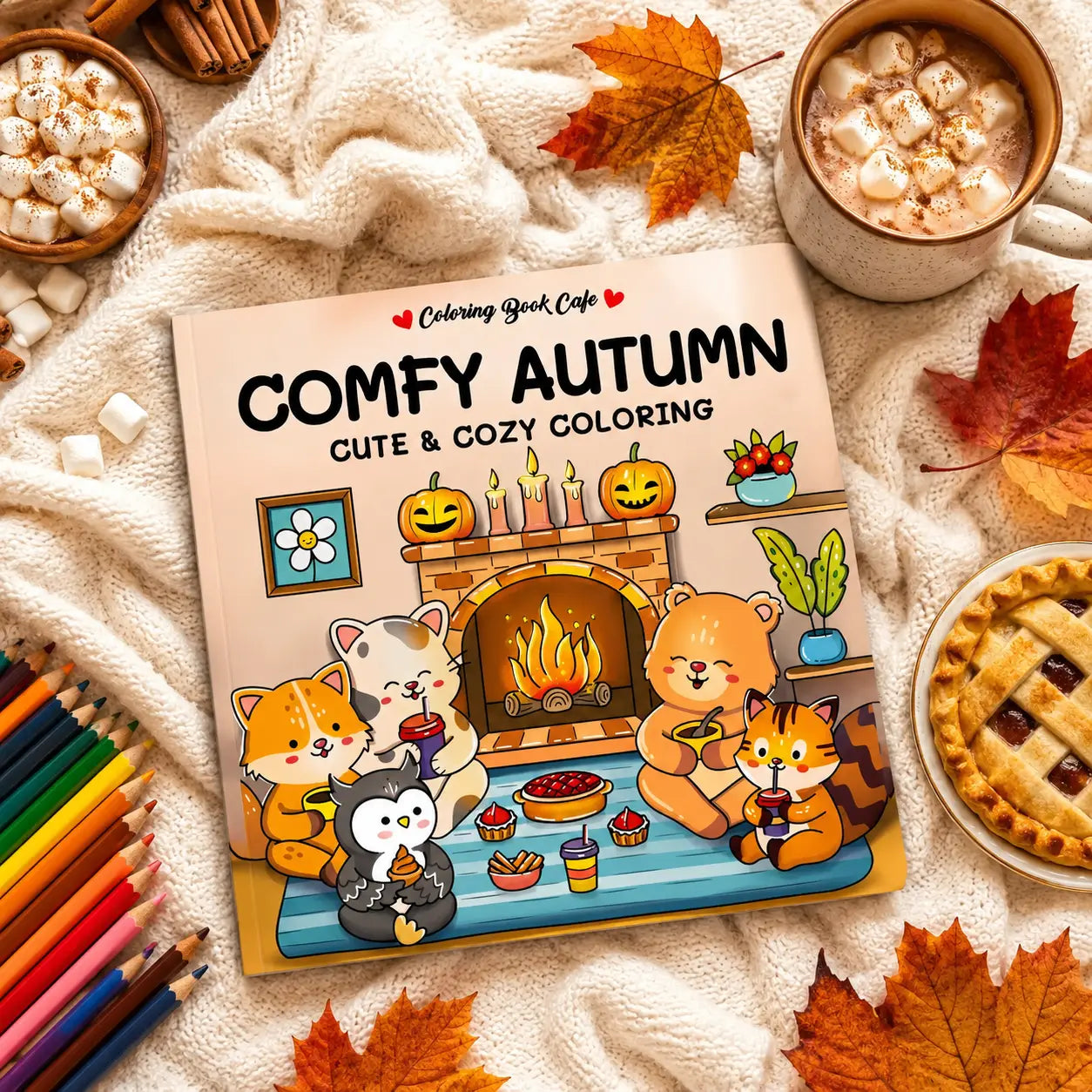 Een cozy colouring book genaamd comfy autumn kleurboek met kawaii dieren rond een open haard voor herfstkleuren