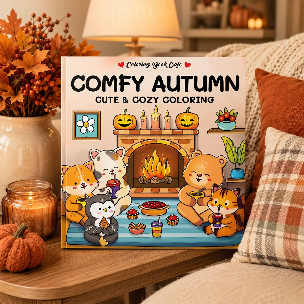 Cozy colouring book comfy autumn kleurboek met kawaii dieren rond een open haard en warme herfstkleuren en pompoenmotieven