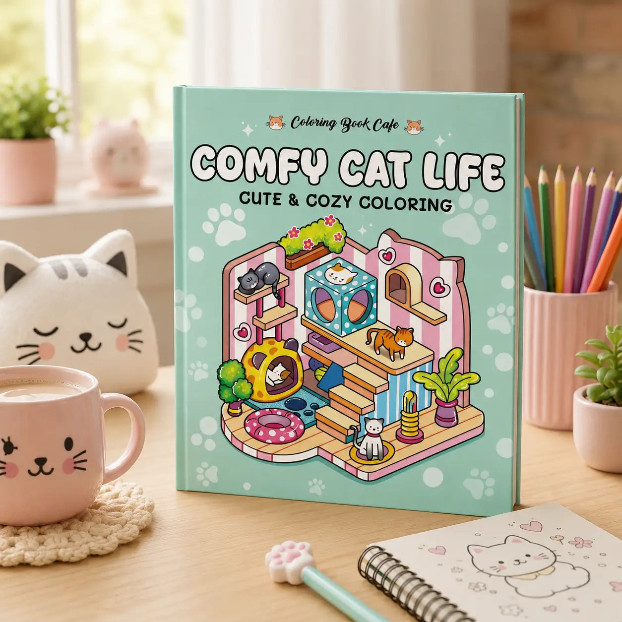 Mintgroen hardcover cat life kleurboek comfy cat life met kawaii illustraties van schattige katten in een kattenhuis