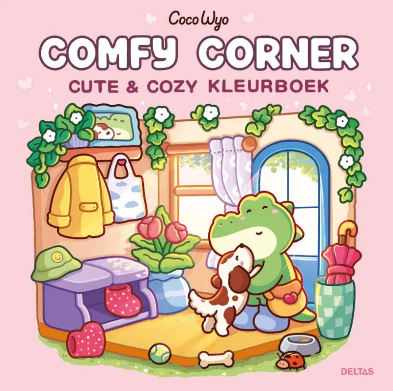 Schattige groene krokodil met vriendelijke uitstraling in een oranje vest en roze paraplu in comfy corner cute kleurboek