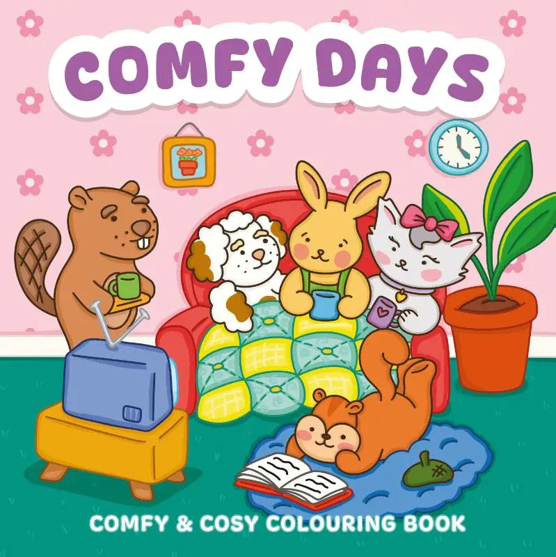 Kleurige cartoonillustratie van een gezellige woonkamer met antropomorfe dieren in het cosy colouring book comfy days