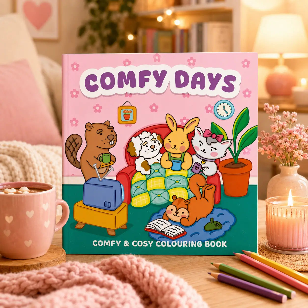 Comfy days kleurboek met kawaii illustraties van cartoon dieren die ontspannen op een roze en groene bank in dagelijkse scènes