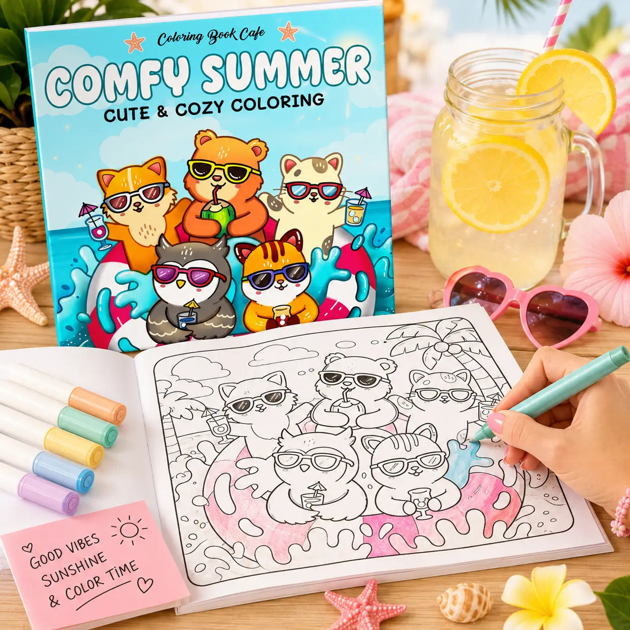 Kleurrijk comfy summer kleurboek met kawaii dieren zoals beren in zonnebrillen voor een cozy colouring book ervaring
