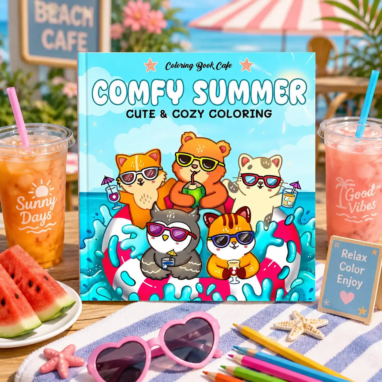 Comfy summer kleurboek een blauw cozy colouring book met kawaii dieren in zonnebril op een strandfloat