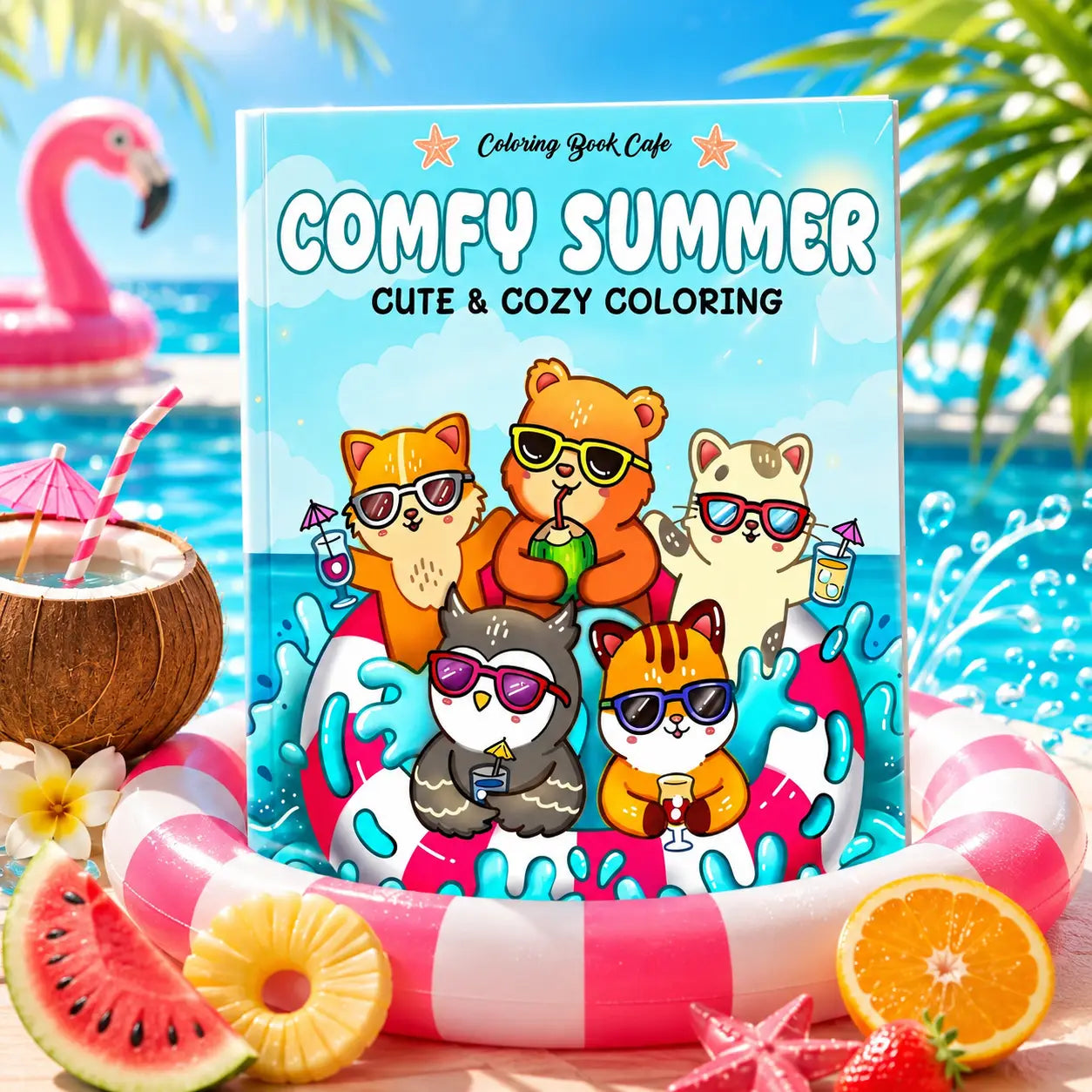A vibrant blue comfy summer kleurboek featuring kawaii dieren in sunglasses on a pool float cozy colouring book