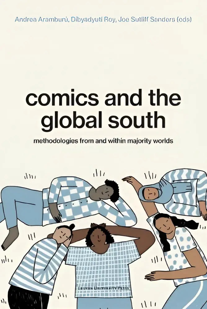 De boekcover toont een minimalistische illustratie van diverse personen in lichtblauwe geruite kleding bij methodologies from and within comics and the global south