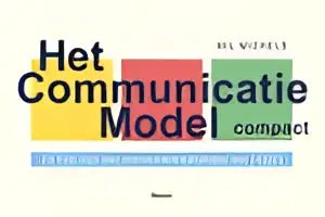Boekhoes van het communicatie model compact met horizontale rode, gele en blauwe strepen en zwarte tekst