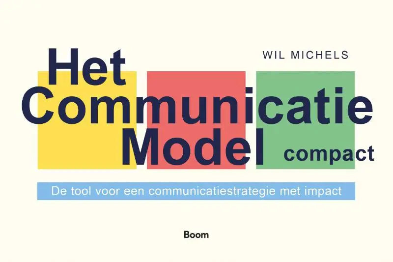 De cover van het communicatie model compact van wil michels met gedurfde blauwe tekst op gele, rode en groene vlakken