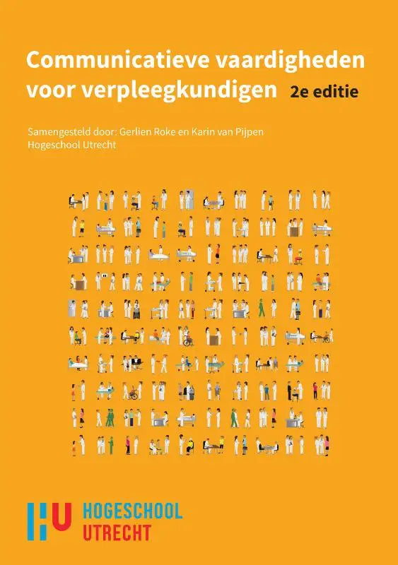 Oranje boekomslag van communicatieve vaardigheden voor verpleegkundigen 2e custom editie met illustraties door gerlien roke