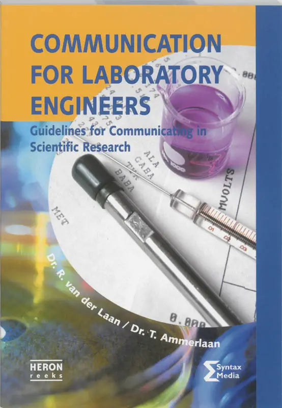 The book communication for laboratory engineers shows a clear glass beaker with purple liquid next to a metallic syringe and pen