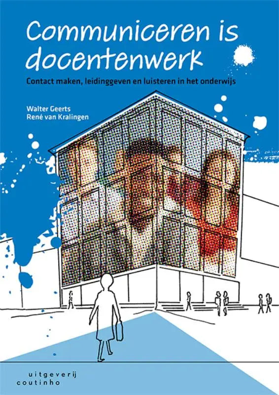 Blauwe boekcover Communiceren is docentenwerk met gebouw en gezichten in ramen