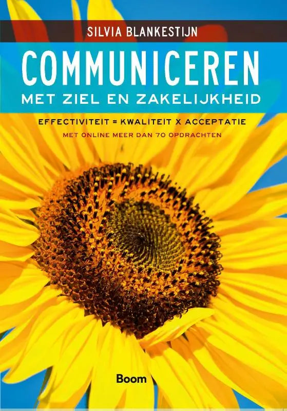 Vibrante gele zonnebloem met donkerbruine kern op de voorkant van communiceren met ziel en zakelijkheid voor kwaliteit x acceptatie