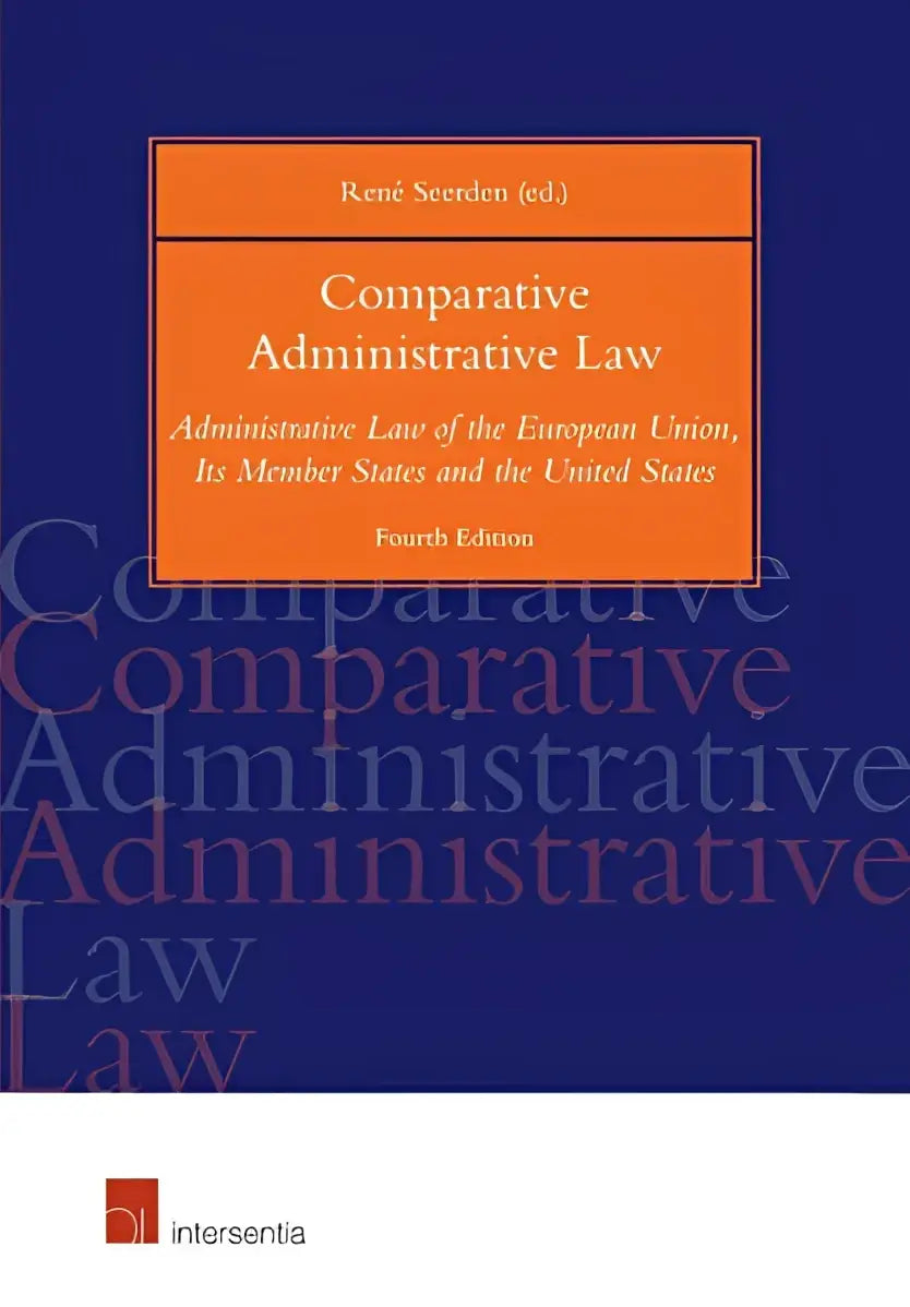 Orange and white hardcover book comparative administrative law 4th ed on a blue background for administrative law study