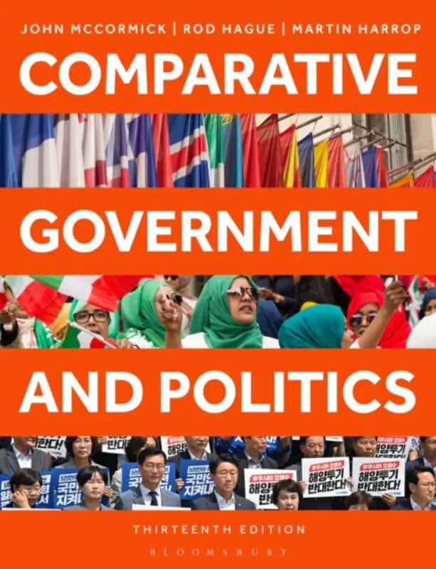 Oranje boekomslag comparative government and politics met witte tekst en internationale vlaggen boven menigte met borden