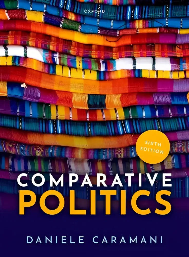 The book cover of comparative politics features a vibrant woven textile pattern with bold lettering and a purple background