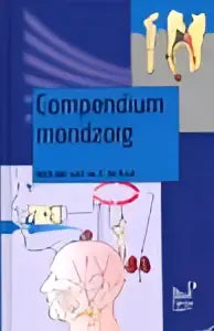 Blauw boek compendium mondzorg met roze en witte decoraties, uitgegeven door prelum uitgevers voor mondzorgprofessionals