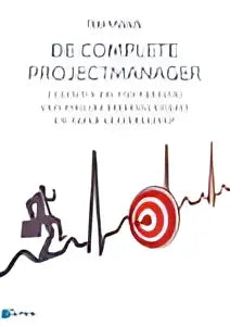 De complete projectmanager boek van roel wessels met minimalistische zwart-witte omslag en illustratie van haren publishing