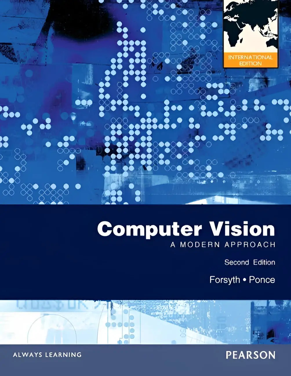 Abstract blauw-wit patroonboekomslag van computer vision een modern approach tweede editie geschikt voor upper-division studenten