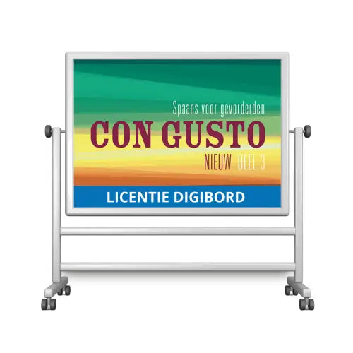 Rolling whiteboard met kleurrijke advertentie voor Con Gusto Spaans NT2 digitaal bord