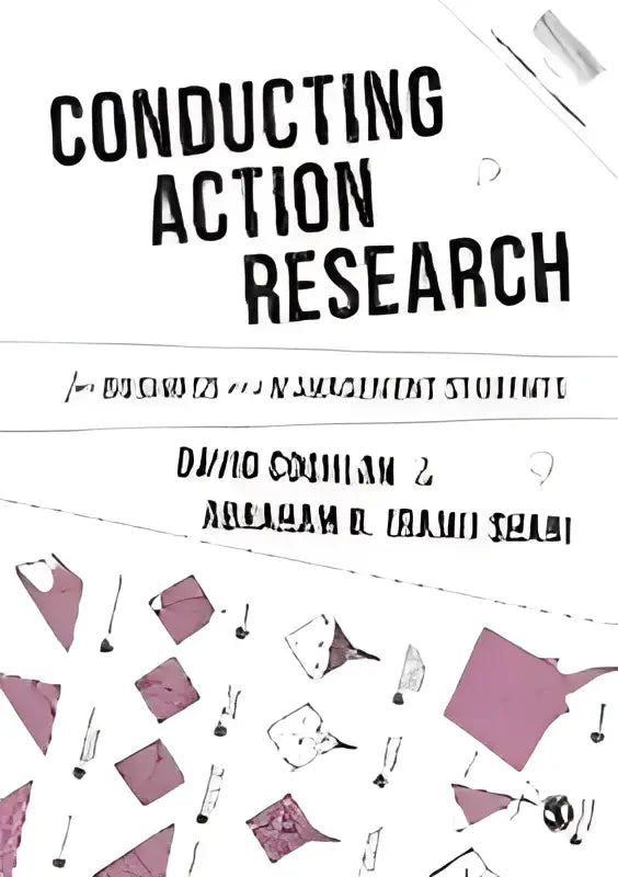 De boekomslag voor conducting action research voor business en management studenten toont zwarte tekst en roze vormen