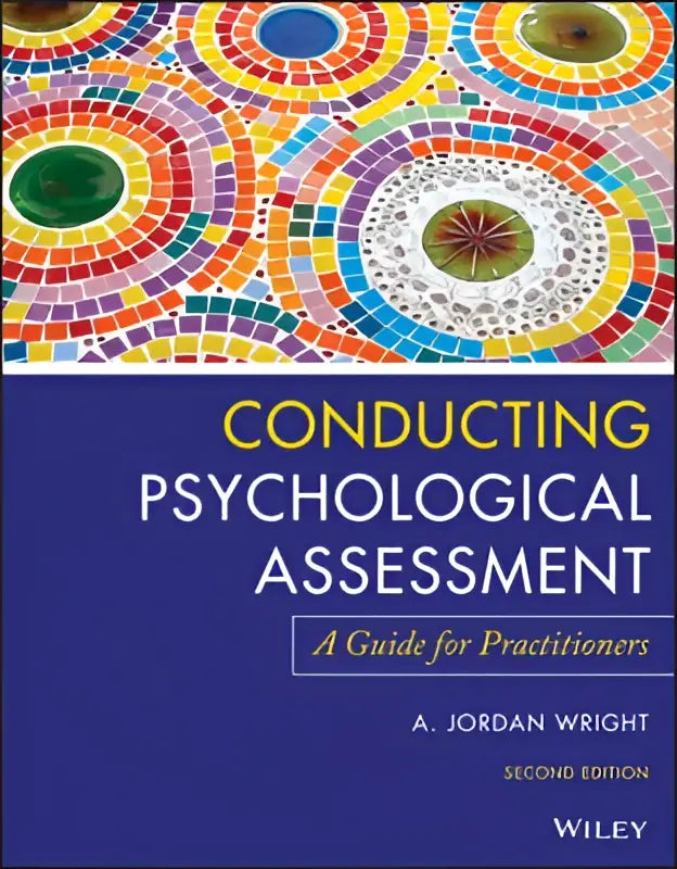 De boekcover van conducting psychological assessment toont een levendig mozaïek met regenboogcirkel en gouden tekst