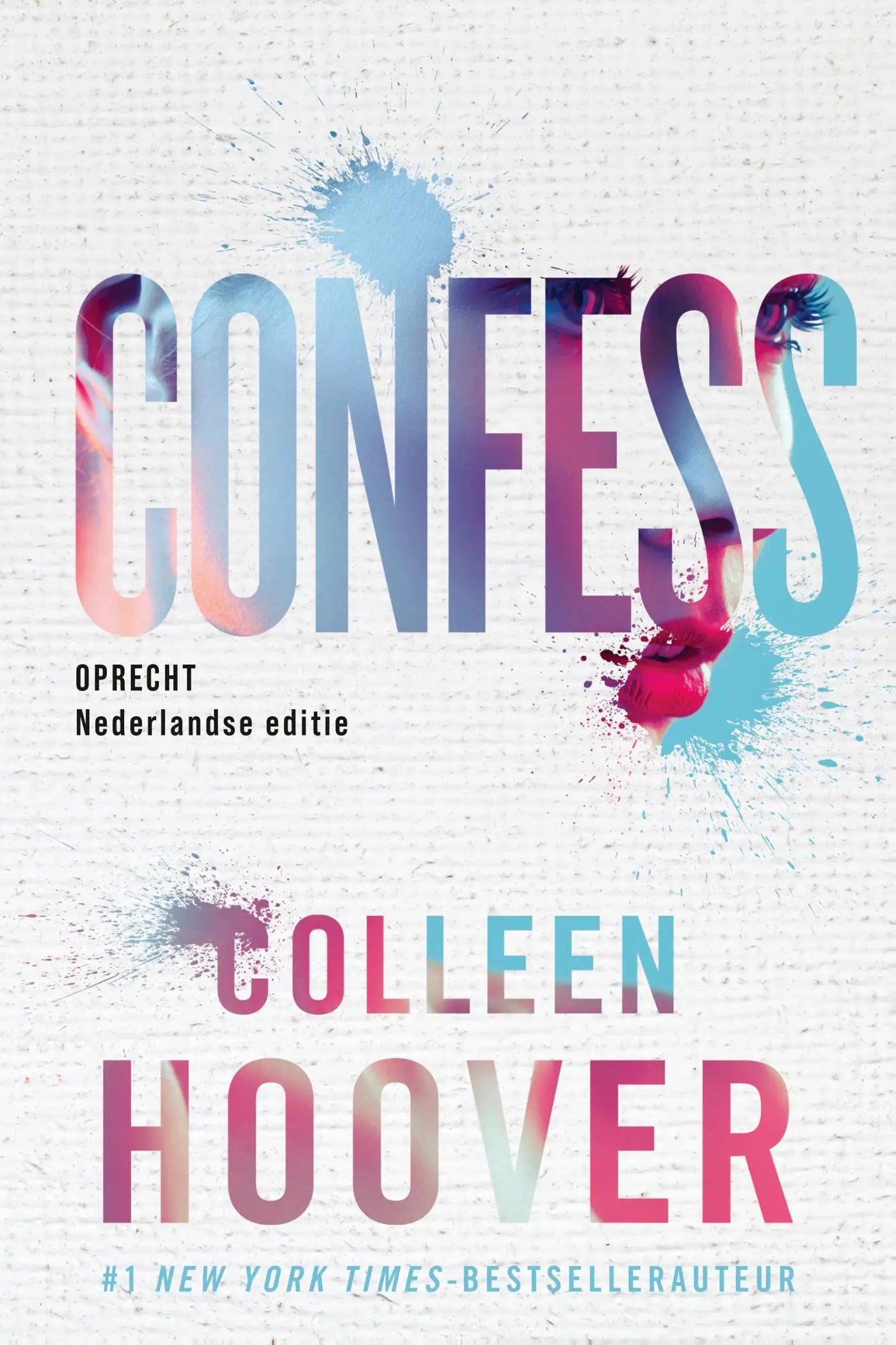 De boekcover van confess door colleen hoover toont een nederlandstalige paperback met emotionele romance in roze en blauw