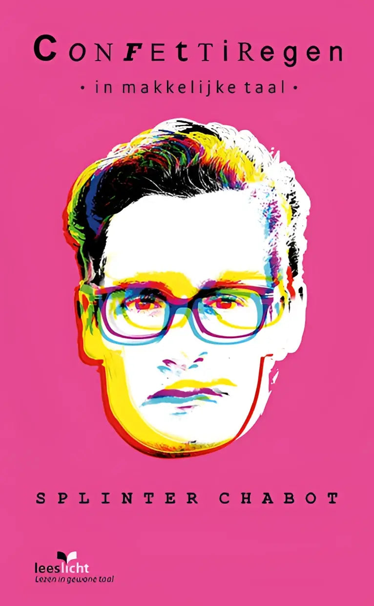 Een levendig pop-art portret van een man met bril op een felroze achtergrond met gele en multicolor accenten in Confettiregen