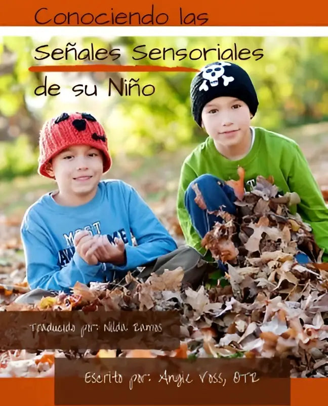 Het boek conociendo las senales sensoriales toont twee kinderen met herfsttruien en kleurrijke mutsen