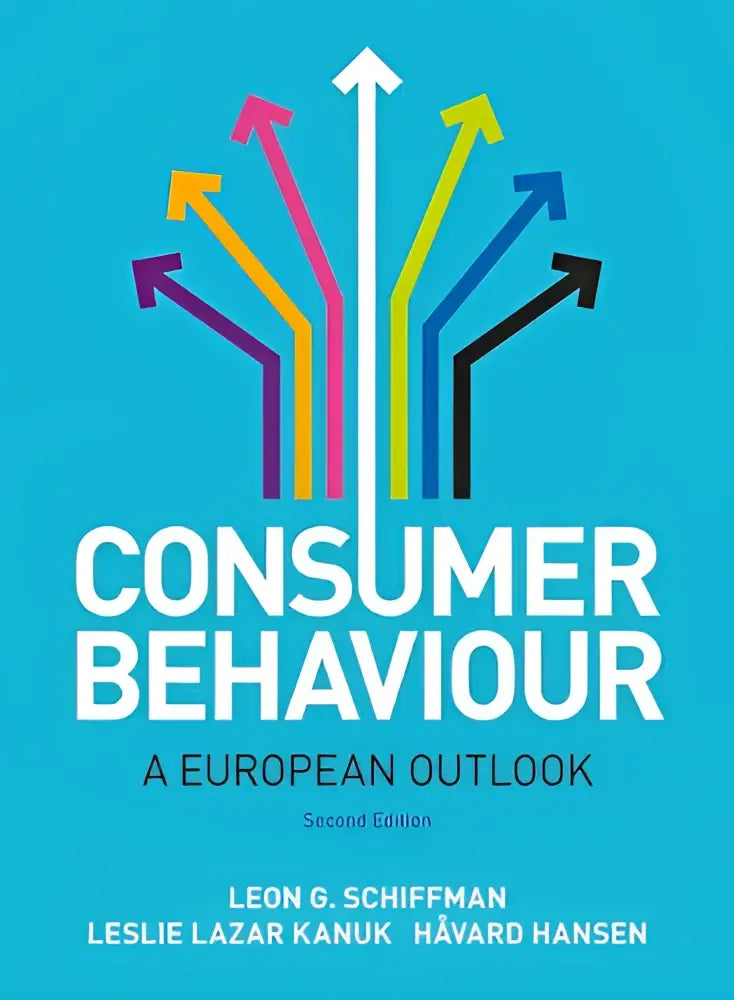 De boekcover van consumer behaviour a european outlook toont een blauwe achtergrond met kleurrijke pijlen en de titel die ingaat op hoe ze kopen
