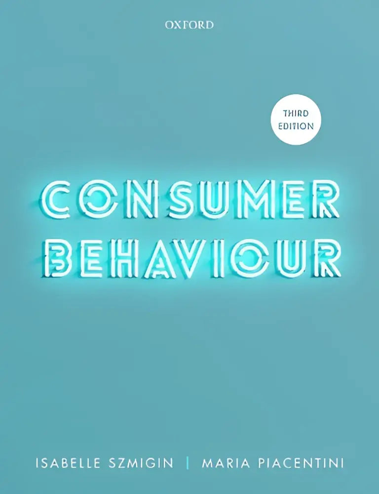 Derde editie oxford consumer behaviour tekstboek met lichtblauwe omslag en oplichtende teal titel, praktische gids met case studies