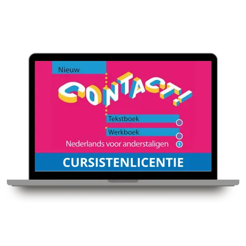 Laptop met roze scherm contact boodschap voor cursistenlicentie en oefentekstboek