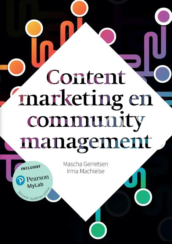 Het boek contentmarketing en community management heeft een witte diamant met kleurrijke titel op zwarte achtergrond