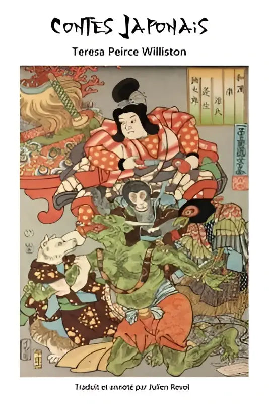 Japanse houtsnede boekomslag contes japonais met traditionele kleding in levendig rood groen en oranje