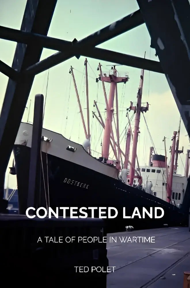 De boekcover van contested land toont de titel in witte letters met ondertitel en auteursnaam voor een oorlogsverhaal