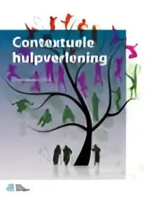 Boek contextuele hulpverlening door bsl media met illustratie van boom en mensen, focus op sociale pedagogie