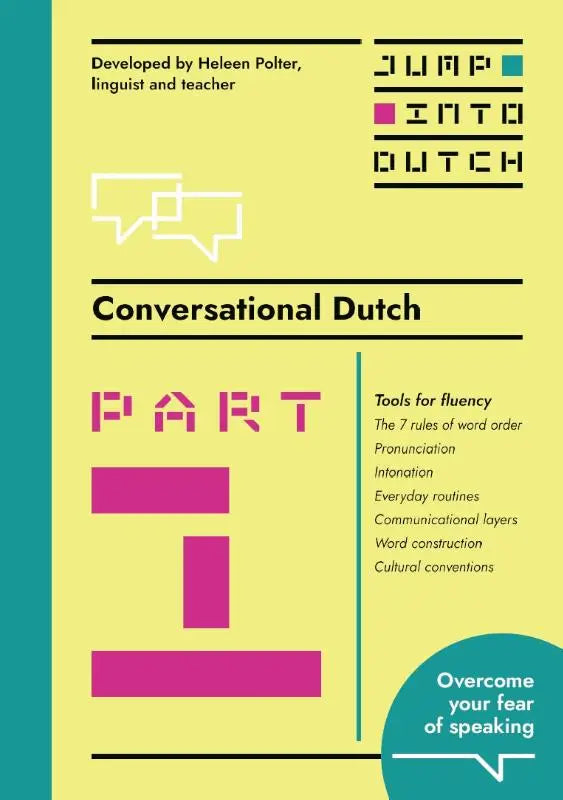 Vibrante gele omslag van de conversatiegids jump into dutch met minimalistisch ontwerp, een effectief tool voor fluency