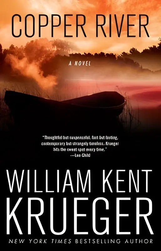 The book cover of copper river by william kent krueger shows a dark canoe silhouette against a fiery orange sky for the cork oconnor mystery series