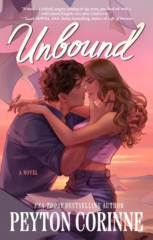 De cover van de roman unbound door Peyton Corinne toont een getekend paar dat omhelst tegen een zachte roze en oranje zonsondergang